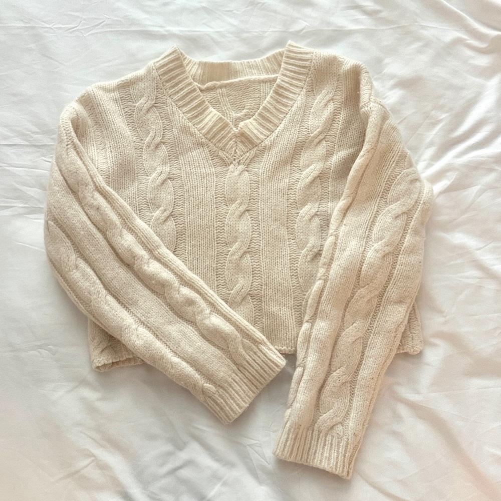 cable knit v neck basic sweater
